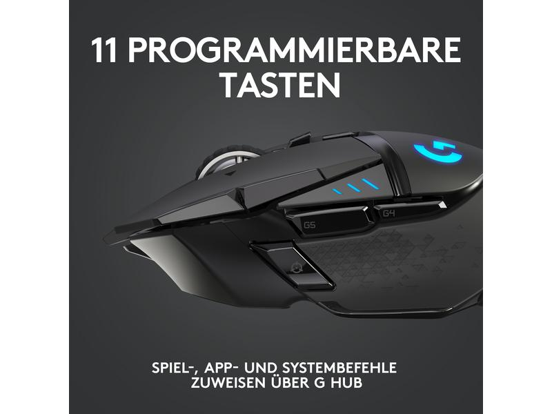 Logitech Gaming-Maus G502 Lightspeed Wireless, Maus Features: Daumentaste; Scrollrad; RGB-Beleuchtung; Herausnehmbare Gewichte; Hyperschnelles Scrollen; Programmierbare Tasten, Bedienungsseite: Rechtshänder, Farbe: Schwarz, Gewicht: 114 g, Anzahl Tasten: