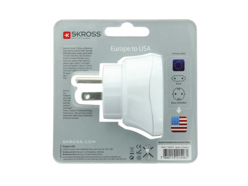 SKROSS Reiseadapter Country EU - USA, Anzahl Pole: 3-polig (geerdet), USB Ladeanschluss: 0, Adapter Dose: Deutschland, Europa, Adapter Stecker: Vereinigte Staaten