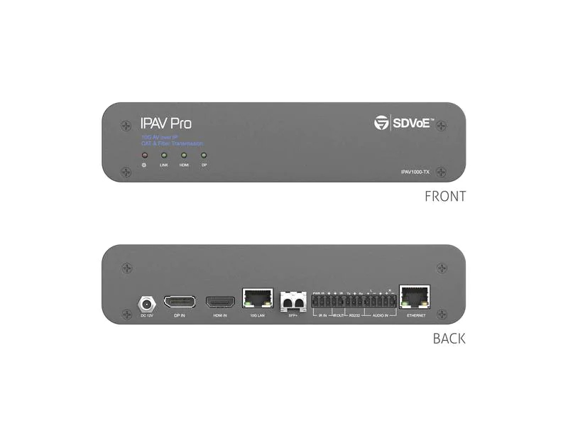 PureTools IP Transmitter IPAV1000-TX 10G Ethernet CAT/Glasfaser, Übertragungsstandard: SFP+ / RJ-45 (10 Gbps), Stromversorgung: Externes Netzteil, 12 V, Max. Auflösung: 3840 x 2160 (Ultra HD 4K), Eingänge: HDMI, DisplayPort, Ausgänge: RJ-45, SFP+, Eig