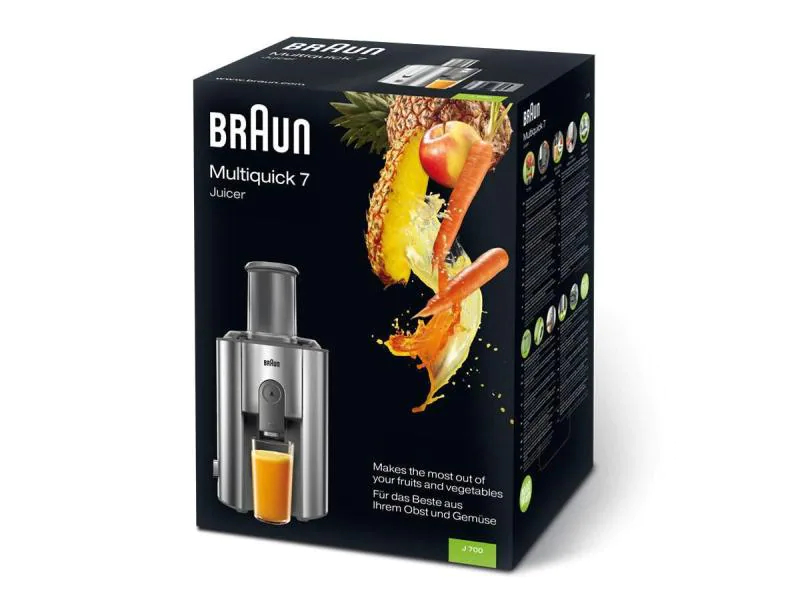 Braun Entsafter Multiquick J700 Silber, Betriebsart: Netzbetrieb, Ausstattung: Auffangbehälter; Einfülltrichter, Farbe: Silber, Gerätetyp: Entsafter