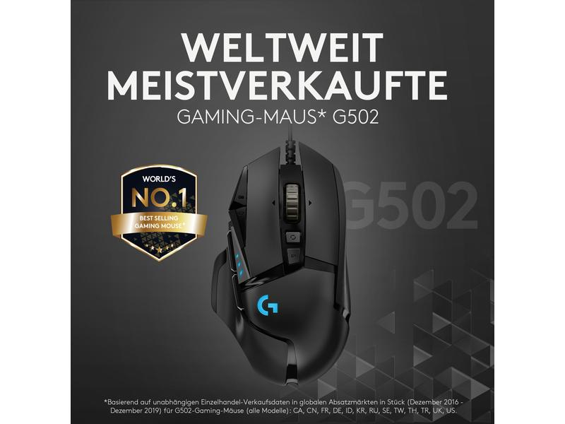 Logitech Gaming-Maus G502 HERO, Maus-Typ: Gaming, Bedienungsseite: Rechtshänder, Maus Features: Daumentaste; Scrollrad; Beleuchtung; Herausnehmbare Gewichte; Umschaltbare DPI-Auflösung, Farbe: Schwarz, Verbindungsart: Verkabelt, Schnittstelle: USB