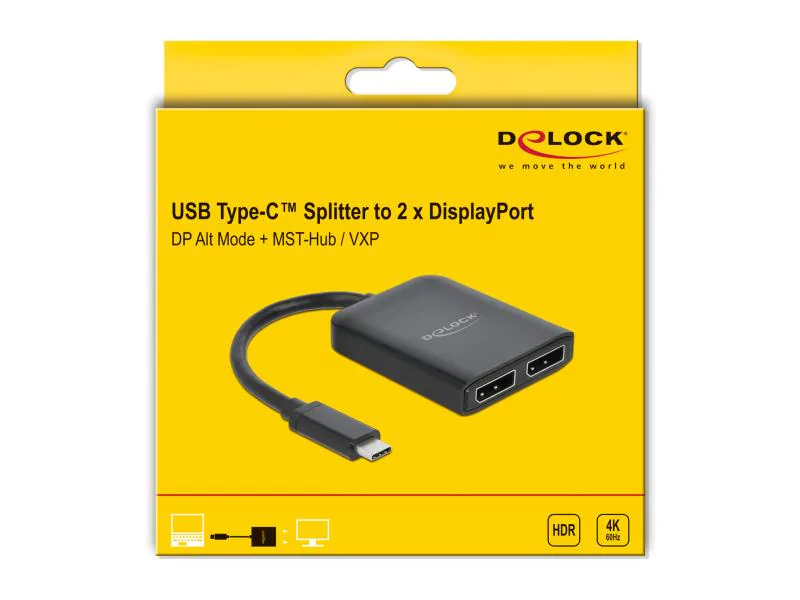 Delock 2-Port Signalsplitter USB-C - Displayport, MST/VXP support, Anzahl Ports: 2, Schnittstellen: DisplayPort, USB Typ C, Signalverstärkung: Aktiv