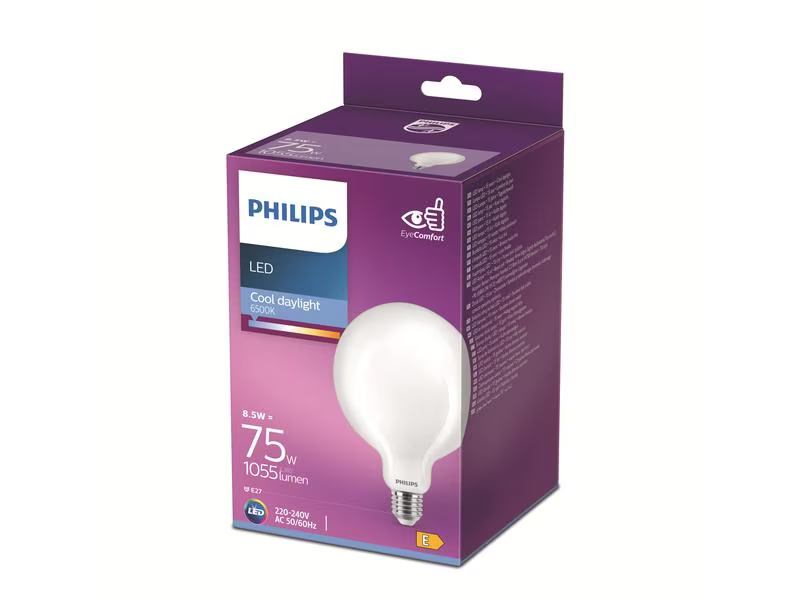 Philips Lampe (75W), 8.5W, E27, Tageslichtweiss (Kaltweiss), Energieeffizienzklasse EnEV 2020: E, Lampensockel: E27, Gesamtleistung: 8.5 W, Dimmbar: nicht dimmbar, Zusätzliche Ausstattung: Keine, Glühbirne Äquivalent: 75 W