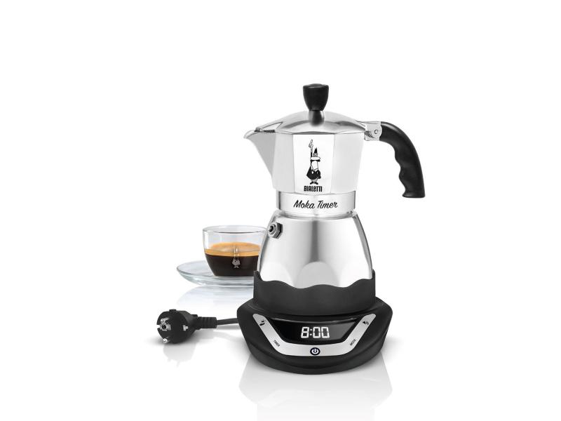 Bialetti Espressokanne Moka Timer Silber Schwarz 6 Tassen, Betriebsart: Netzbetrieb, Kompatible Kochfelder: Netzbetrieb - nicht für Kochfelder, Farbe: Silber; Schwarz, Anzahl Tassen: 6 ×