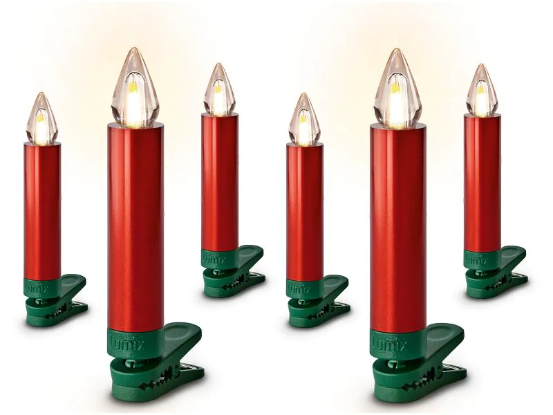 Lumix LED Baumkerze SuperLight Flame, Rot, 6er-Set, Betriebsart: Batteriebetrieb, Fernbedienung: Nein, Set-Typ: Erweiterungsset, Aussenanwendung: Ja, Timerfunktion: Ja, Anzahl Lampen: 6 ×