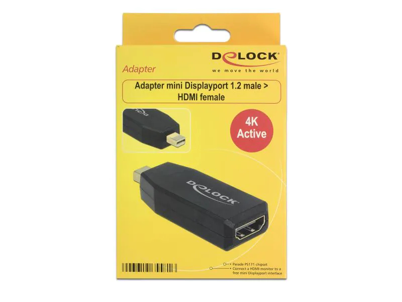 DeLock Adapter Mini DP1.2 m - HDMI f, 4K aktiv, Typ: Adapter, Videoanschluss Seite A: Mini-DisplayPort, Videoanschluss Seite B: HDMI