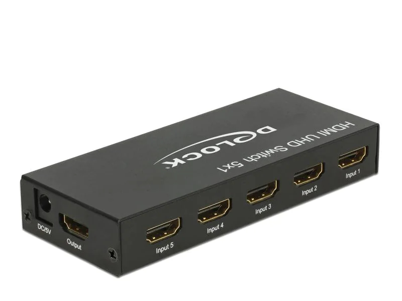 DeLock Umschalter 5 Port HDMI Switch 4K/60Hz, Anzahl Eingänge: 5 ×, Anzahl Ausgänge: 1 ×, Anschluss Seite A: HDMI, Anschluss Seite B: HDMI, inkl. Fernbedienung