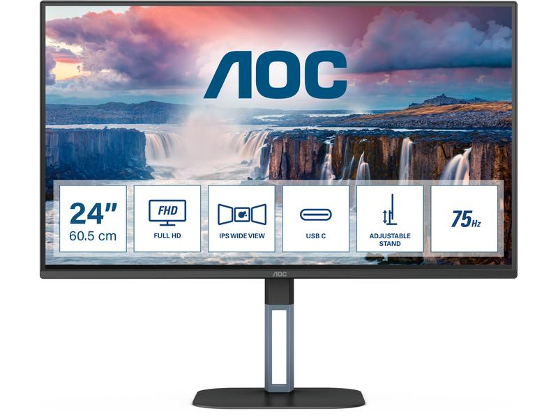 AOC 24V5C/BK 24" IPS Monitor, 75Hz, 1920 x 1080, 4ms, HDMI/Displayport/1x USB-C/4x USB 3.2, speakers, 130mm höhenverstellbar