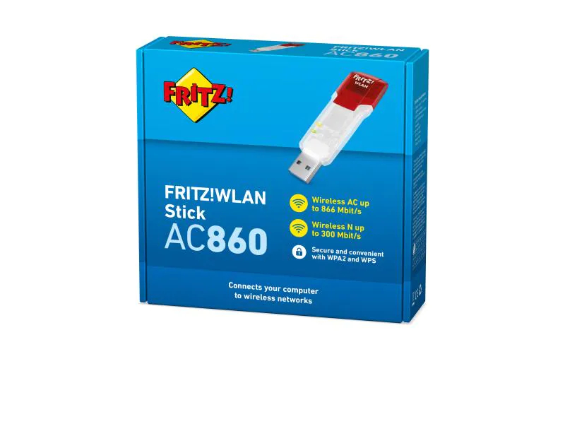 AVM WLAN-AC USB-Stick FRITZ! 860 International, Antennenanschluss: Kein externer Anschluss, Antennengewinn Max.: 2 dBi, Anzahl WLAN Streams: 2x2 MiMo, Formfaktor: Extern, Frequenzband: 2.4 GHz, 5 GHz, Höhe Slot-Blech: Extern