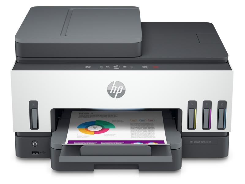 HP Multifunktionsdrucker Smart Tank Plus 7605 All-in-One, Druckertyp: Farbig, Drucktechnik: Tintenstrahl, Total Fassungsvermögen Papierzuführungen: 250 Seiten, Mobildruck: Ja, Anzahl Papierzuführungen (maximal): 1, Druckgeschwindigkeit (farbig): 9 ppm