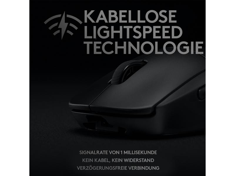 Logitech Gaming-Maus G Pro Wireless Lightspeed, Maus-Typ: Gaming, Bedienungsseite: Universal, Maus Features: Beleuchtung; Daumentaste; Batteriestandsanzeige; Integrierter Speicher; Scrollrad, Farbe: Schwarz, Verbindungsart: Kabellos; Verkabelt, Schnittste