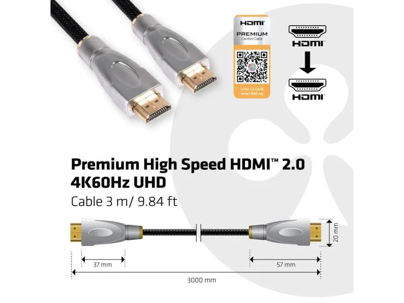 Club 3D Kabel Premium HDMI - HDMI, 3 m, Kabeltyp: Anschlusskabel, Videoanschluss Seite A: HDMI, Videoanschluss Seite B: HDMI, Farbe: Schwarz, Länge: 3 m