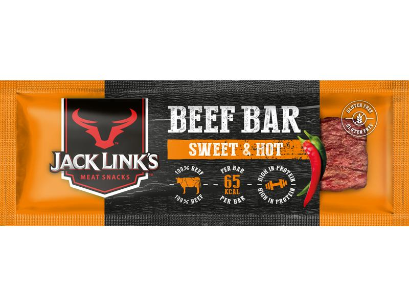 Jack Link's Fleischsnack Beef Bar Sweet & Hot 22.5 g, Produkttyp: Jerky, Produktionsland: Brasilien, Allergikerinfo: Kann Spuren von Soja enthalten, Zertifikate: Keine Zertifizierung, Packungsgrösse: 22.5 g, Bio: Nein