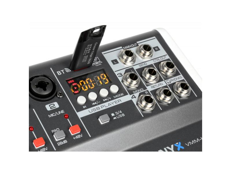 Vonyx Mischpult VMM-K402, Bauform: Pultform, Stereoeingänge: 1, Digitale Schnittstelle: USB, Mic-/Linekanäle: 2, Auxwege: 1, Powermixer: Nein