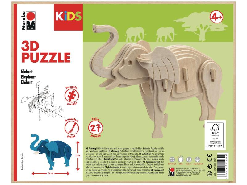 Marabu Holzartikel 3D Puzzle, Elephant, Breite: 16 cm, Höhe: 13 cm, Länge: 0.5 cm, Produkttyp: Puzzle