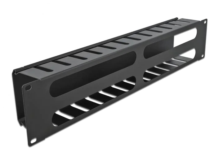 Delock Kabelführungspanel 2HE mit 4 Öffnungen 19" Rack, Schwarz, Befestigung: 19" Rack, Farbe: Schwarz