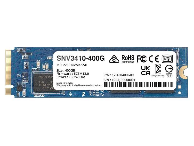 Synology SNV3410 M.2 2280 NVMe 400 GB, Speicherkapazität total: 400 GB, Speicherschnittstelle: PCI-Express x4, SSD Bauhöhe: 3.5 mm, SSD Formfaktor: M.2 2280, Anwendungsbereich SSD: Consumer