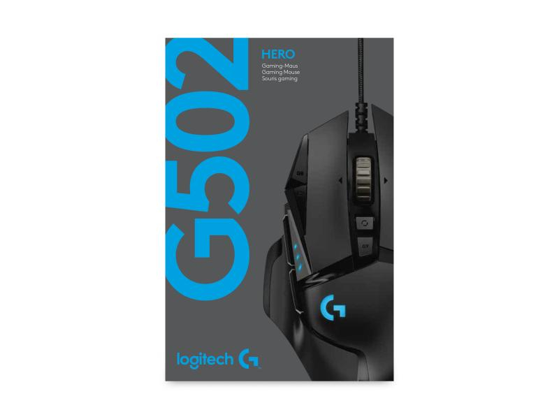 Logitech Gaming-Maus G502 HERO, Maus-Typ: Gaming, Bedienungsseite: Rechtshänder, Maus Features: Daumentaste; Scrollrad; Beleuchtung; Herausnehmbare Gewichte; Umschaltbare DPI-Auflösung, Farbe: Schwarz, Verbindungsart: Verkabelt, Schnittstelle: USB