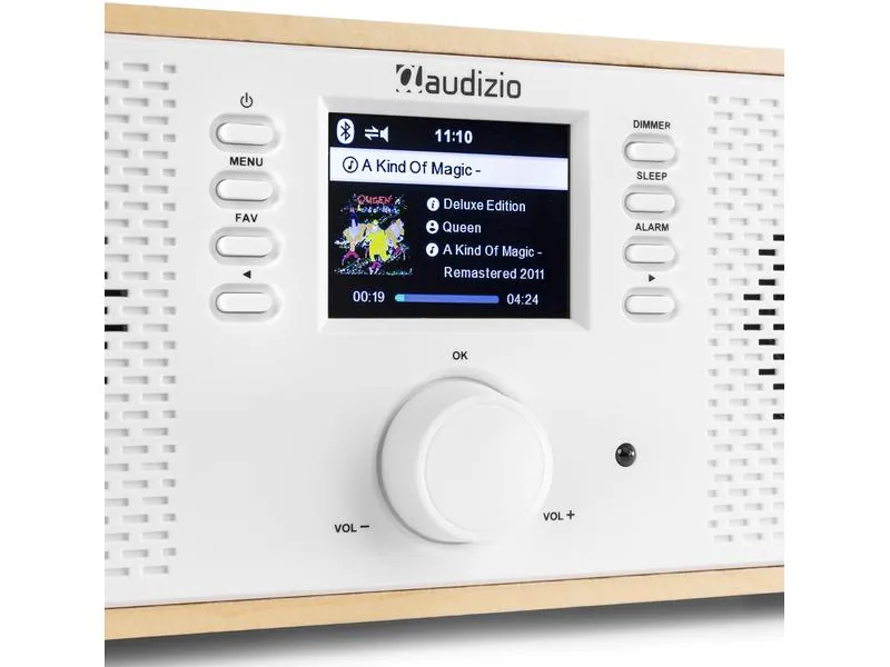 Audizio Internet Radio Rimini Weiss, Radio Tuner: Internetradio, Stromversorgung: Netzbetrieb, Detailfarbe: Hellbraun, Ausstattung: Spotify, Weckfunktion, Fernbedienung, Farbdisplay, DLNA, Schlummerfunktion, Bluetooth, Kopfhöreranschluss, Sleep-Timer, Ap