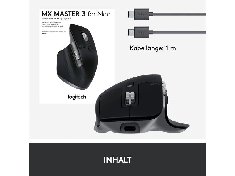 Logitech Maus MX Master 3 for Mac, Maus-Typ: Standard, Maus Features: Seitliches Scrollrad, Scrollrad, Daumentaste, Bedienungsseite: Rechtshänder, Farbe: Graphit, Verbindungsart: Kabellos, Schnittstelle: Bluetooth