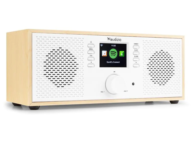 Audizio Internet Radio Rimini Weiss, Radio Tuner: Internetradio, Stromversorgung: Netzbetrieb, Detailfarbe: Hellbraun, Ausstattung: Spotify, Weckfunktion, Fernbedienung, Farbdisplay, DLNA, Schlummerfunktion, Bluetooth, Kopfhöreranschluss, Sleep-Timer, Ap