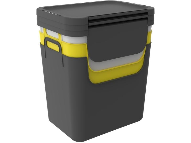 Rotho Recyclingbehälter Jive 30 l, Gelb/Schwarz/Weiss, Material: Polypropylen (PP), Fassungsvermögen: 30 l, Anzahl Behälter: 3, Detailfarbe: Gelb, Schwarz, Weiss, Form: Eckig