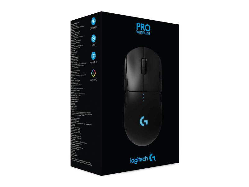 Logitech Gaming-Maus G Pro Wireless Lightspeed, Maus-Typ: Gaming, Bedienungsseite: Universal, Maus Features: Beleuchtung; Daumentaste; Batteriestandsanzeige; Integrierter Speicher; Scrollrad, Farbe: Schwarz, Verbindungsart: Kabellos; Verkabelt, Schnittste