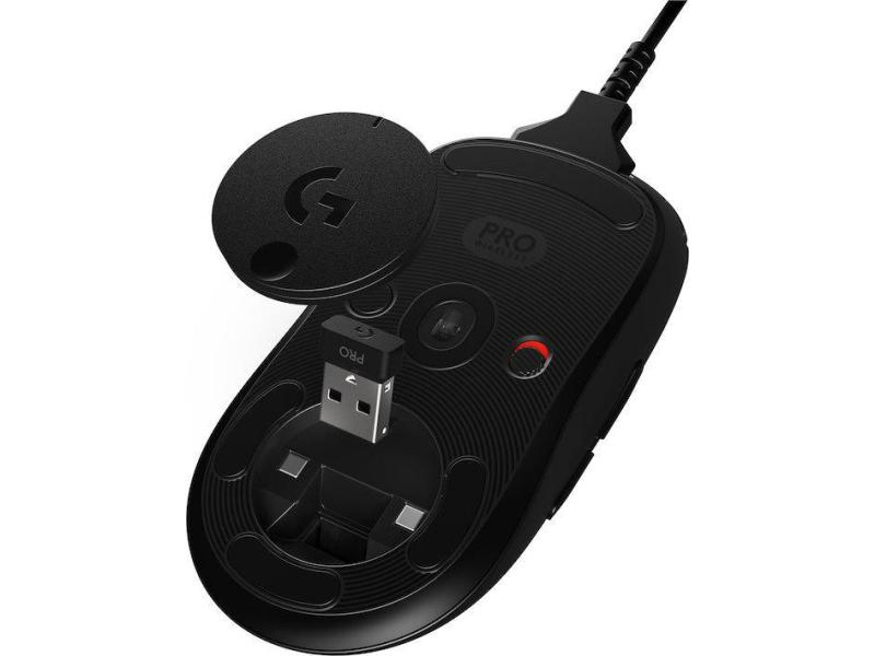 Logitech Gaming-Maus G Pro Wireless Lightspeed, Maus-Typ: Gaming, Bedienungsseite: Universal, Maus Features: Beleuchtung; Daumentaste; Batteriestandsanzeige; Integrierter Speicher; Scrollrad, Farbe: Schwarz, Verbindungsart: Kabellos; Verkabelt, Schnittste