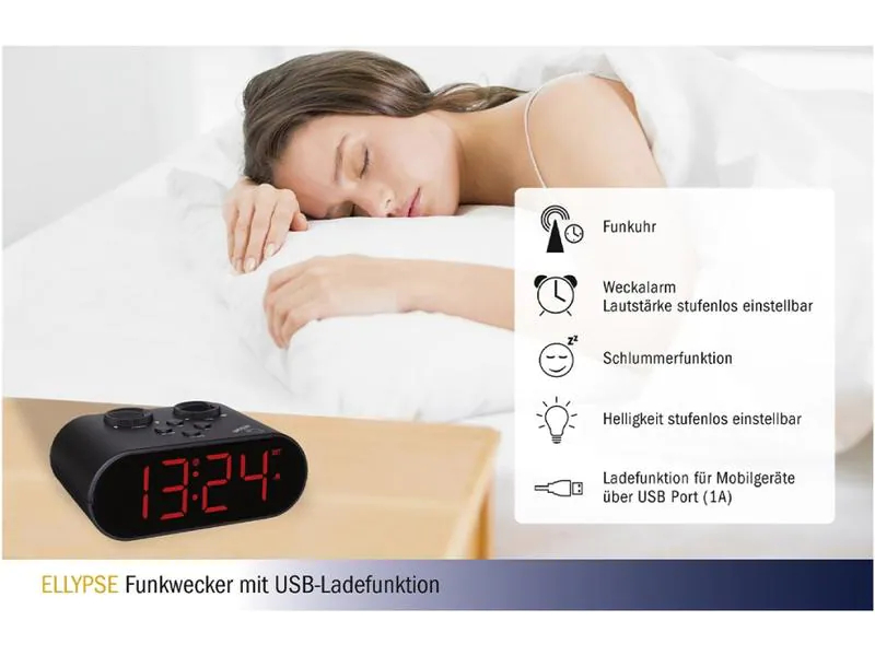 TFA Dostmann Funk-Wecker Ellypse Schwarz, Ausstattung: Keine, Funktionen: Alarm, Snooze-Funktion, Displaytyp: Digital, Farbe: Schwarz, Funksignal: Ja, Anzahl Zeitzonen: 1 ×