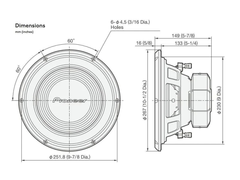 Pioneer Subwoofer TS-A250D4, Basslautsprecher Durchmesser: 25 cm, Subwoofer Typ: Passiv, Leistung Subwoofer: 400 W, Musikbelastbarkeit: 1300 W