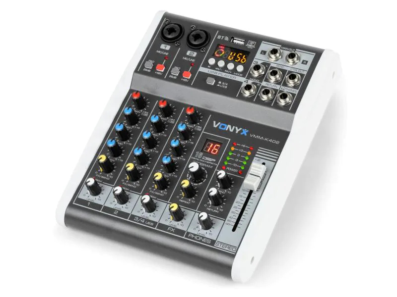 Vonyx Mischpult VMM-K402, Bauform: Pultform, Stereoeingänge: 1, Digitale Schnittstelle: USB, Mic-/Linekanäle: 2, Auxwege: 1, Powermixer: Nein