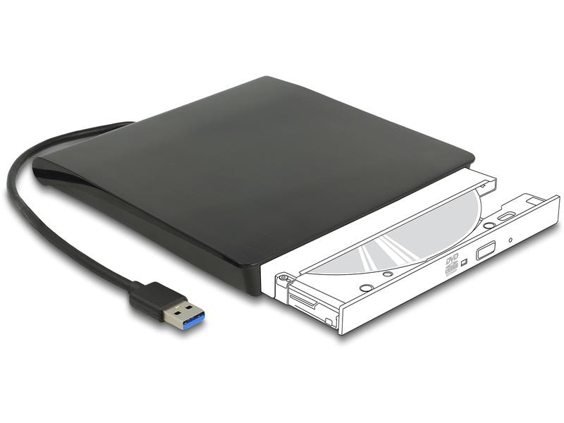 Delock Externes Gehäuse USB Typ-A - 5.25" Slim SATA Laufwerke, Widerstandsfähigkeit: Keine, Anzahl Laufwerkschächte: 1, Stromversorgung: USB, Lüfter vorhanden: Nein, Detailfarbe: Schwarz, Schnittstellen: Type-A USB 3.0 (3.1 / 3.2 Gen. 1)