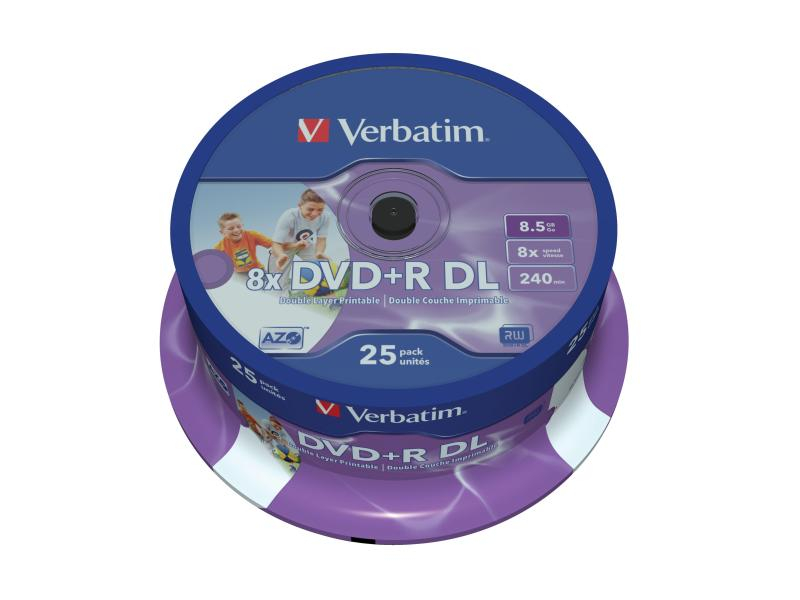 VERBATIM DVD+R Spindle 8.5GB 43667 8x DL Wide print. 25 Pcs