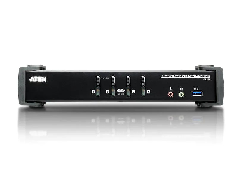 Aten KVM Switch CS1924, Anzahl Geräte: 4, KVM-Art: Lokal, Montage: Desktop, Max. Auflösung: 4096 x 2160 (HD4K), Computer Ports: USB 3.0; DisplayPort; 3,5 mm Kopfhöreranschluss; 3,5 mm Mikrofoneingang, Konsolen Ports: USB 3.0; DisplayPort; 3,5 mm Kopfhörer