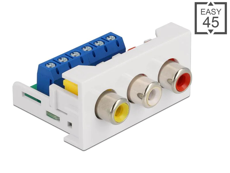 Delock Easy 45 Modul 22.5 x 45 mm Spezial - Cinch, Kabeltyp: Adapter, Audioanschluss Seite A: Spezial, Audioanschluss Seite B: Cinch, Audiokanäle: 3