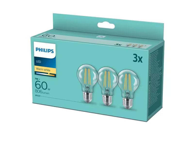 Philips Lampe 7 W (60 W) E27 Warmweiss, Lampensockel: E27, Lampenform: Birnenform, Lichtstärke: 806 lm, Dimmbar: Nein, Zusätzliche Ausstattung: Keine, Leuchtmittel Technologie: LED