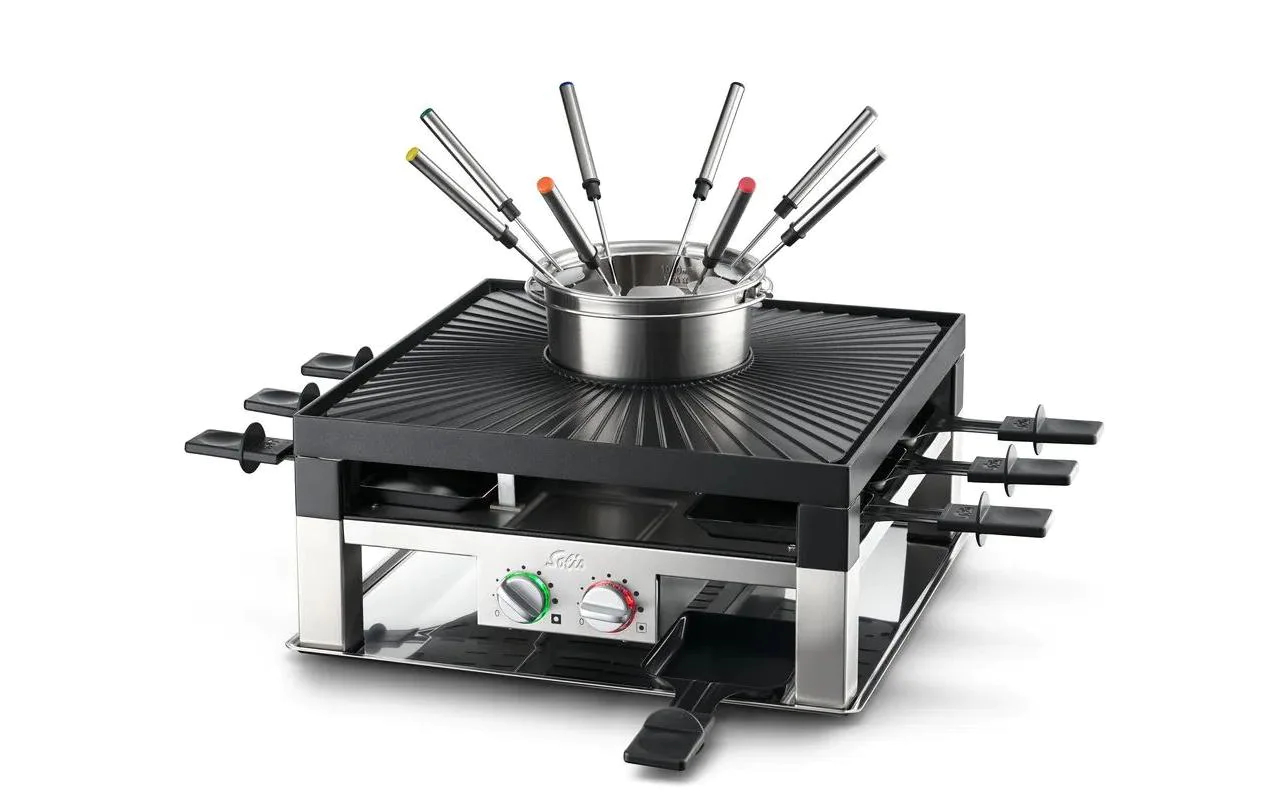 Solis Raclette-Kombination Grill 3 in 1, Anzahl Personen: 8, Funktionen: Fondue; Grillplatte, Grillplatte: Stahlblech; Edelstahl, inklusive 8 Raclette- Pfännchen, 8 Schabern und 8 Fondue-Gabeln