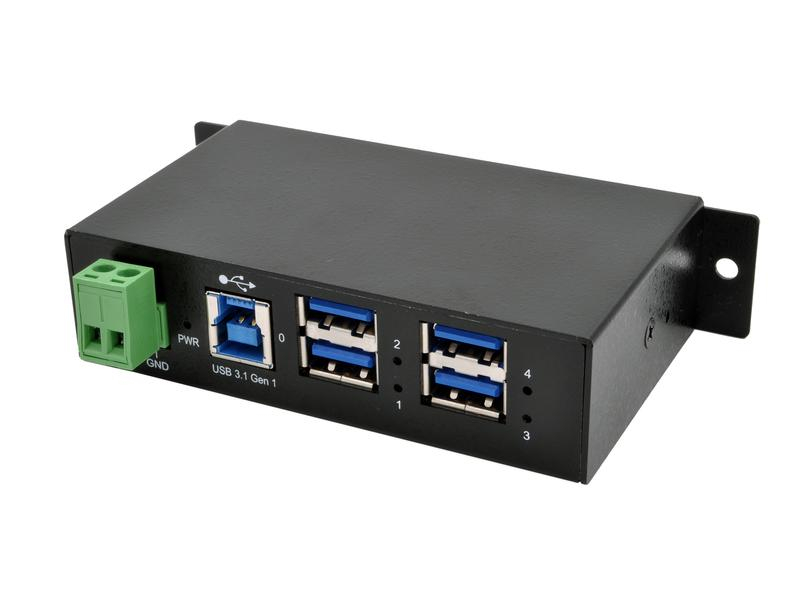Exsys USB-Hub EX-1504HMS, Stromversorgung: USB, Terminal Block, Anzahl Ports: 4, Farbe: Schwarz, USB Standard: 3.0/3.1 Gen 1 (5 Gbps), USB Anschluss 2 (Endgerät): USB A, USB Anschluss 1 (Quelle): USB B