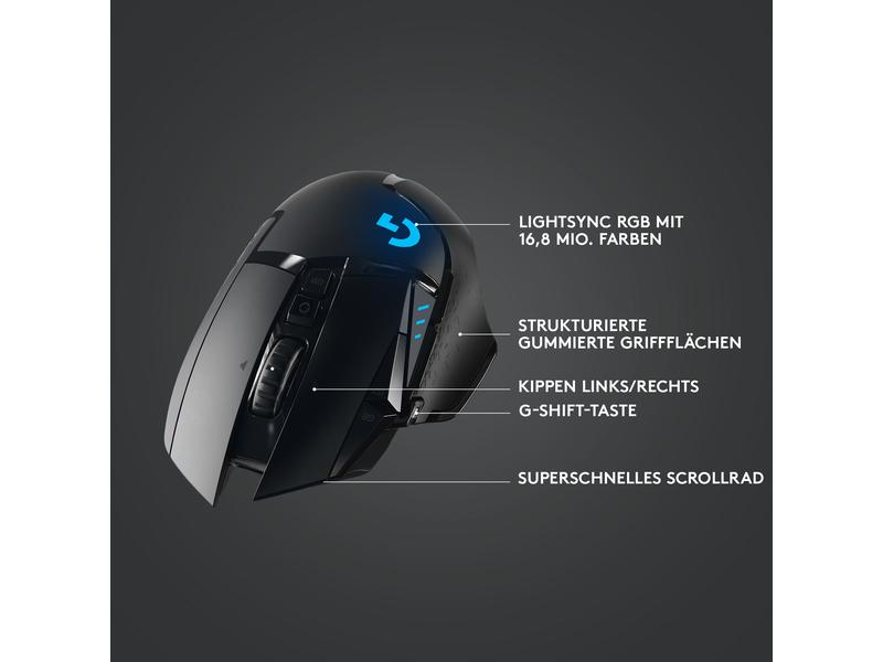 Logitech Gaming-Maus G502 Lightspeed Wireless, Maus Features: Daumentaste; Scrollrad; RGB-Beleuchtung; Herausnehmbare Gewichte; Hyperschnelles Scrollen; Programmierbare Tasten, Bedienungsseite: Rechtshänder, Farbe: Schwarz, Gewicht: 114 g, Anzahl Tasten: