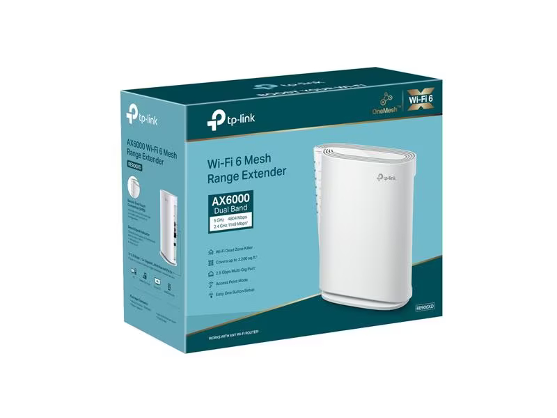 TP-Link WLAN-Mesh-Repeater RE900XD, RJ-45 Anschlüsse: 3, RJ-45 Geschwindigkeit: 2.5 Gbit/s, 1 Gbit/s, WLAN Standard: IEEE 802.11g (Wi-Fi 3), IEEE 802.11ax (Wi-Fi 6), IEEE 802.11n (Wi-Fi 4), IEEE 802.11ac (Wi-Fi 5), IEEE 802.11a (Wi-Fi 1), IEEE 802.11b (Wi