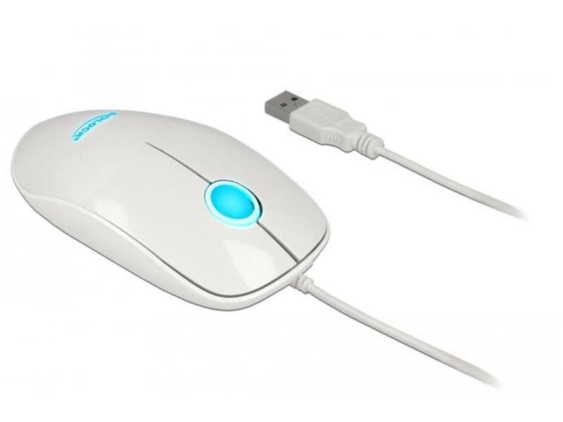 Delock Maus 12537, Maus-Typ: Standard, Bedienungsseite: Universal, Maus Features: Beleuchtung; Scrollrad, Farbe: Weiss glanz, Verbindungsart: Verkabelt, Schnittstelle: USB