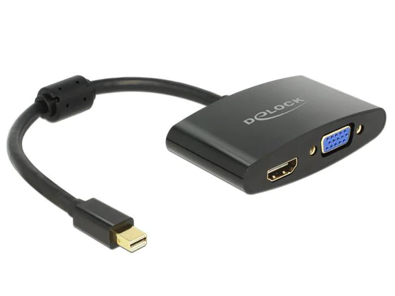 DeLock Adapterkabel Mini-DisplayPort - HDMI VGA, Typ: Adapterkabel, Videoanschluss Seite A: Mini-DisplayPort, Videoanschluss Seite B: HDMI; VGA, Nur 1 Monitor am Adapter nutzbar. Audio nur über HDMI.