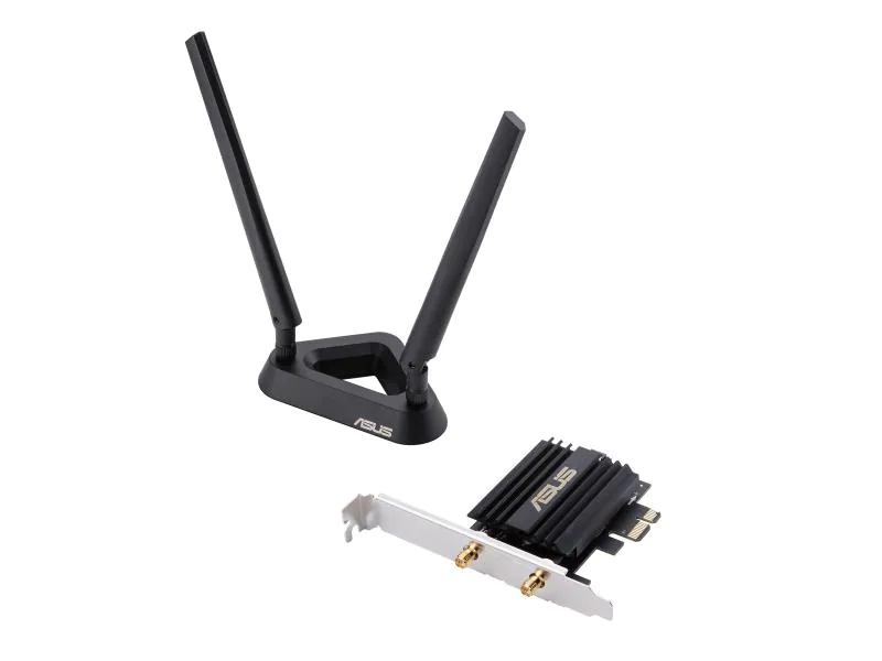 ASUS WLAN-AX PCIe Adapter PCE-AX58BT mit Bluetooth 5.0, Schnittstelle Hardware: PCI-Express x1, WLAN Standard: 802.11a; 802.11b; 802.11g; 802.11n; 802.11ax, Frequenzband: 2.4 GHz; 5 GHz, WLAN Geschwindigkeit Max.: 2976 Mbit/s, Höhe Slot-Blech: Full-Heigh