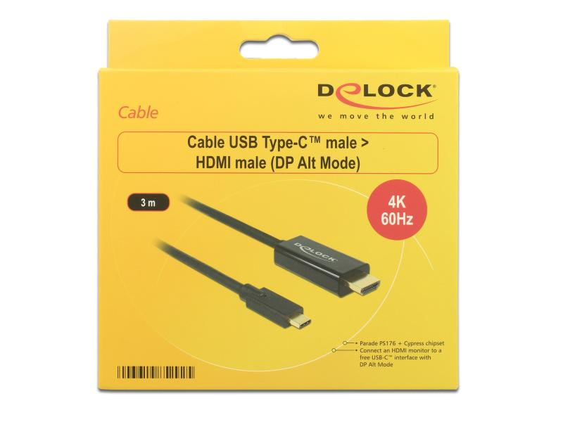 DeLock Kabel USB Type-C Thunderbolt 3 - HDMI Typ A, 3 m, Typ: Anschlusskabel, Videoanschluss Seite A: USB Type-C; Thunderbolt 3, Videoanschluss Seite B: HDMI Typ A, Farbe: Schwarz, Länge: 3 m, USB-C Anschluss muss Displayport Alternate Mode oder Thunderb