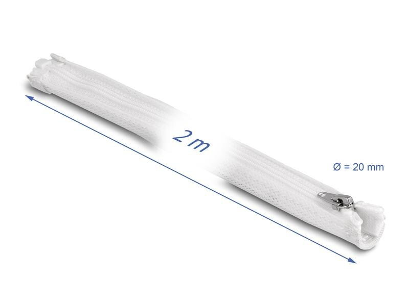 Delock Geflechtschlauch mit Reissverschluss 2 m x 20 mm Weiss, Detailfarbe: Weiss, Breite: 20 mm, Länge: 2 m, Produkttyp: Kabelschlauch, Ausstattung Kabelmanagement: Wiederverwendbar, Reissverschluss, Verpackungseinheit: 1 Stück