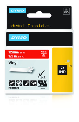 DYMO RHINO Vinyl-Schriftband weiß/rot, 12 mm x 5,5 m