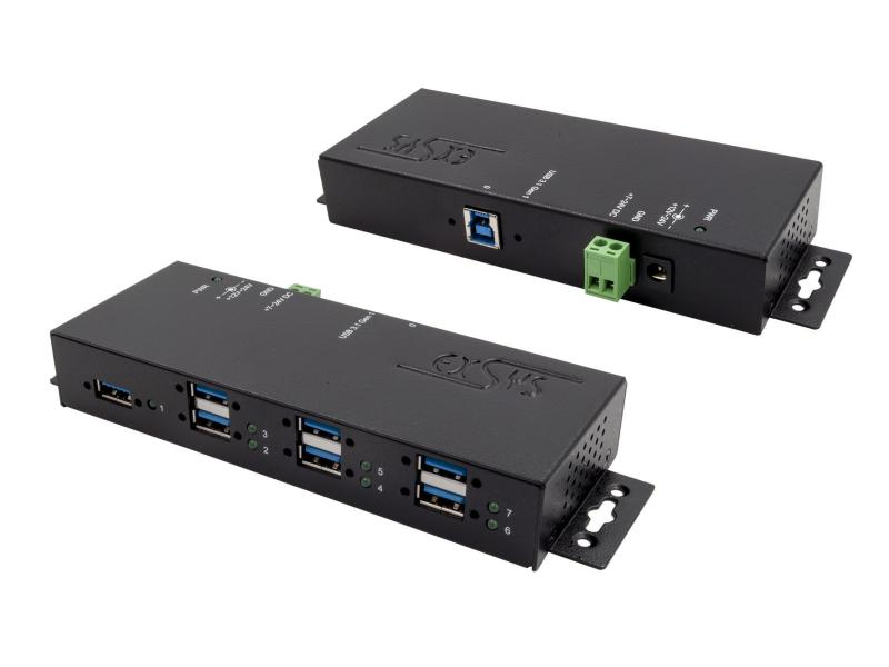 Exsys USB-Hub EX-1189HMVS-3, Stromversorgung: USB, 24 V, Netzteil, 12 V, Anzahl Ports: 7, Farbe: Schwarz, USB Standard: 3.0/3.1 Gen 1 (5 Gbps), USB Anschluss 2 (Endgerät): USB A, USB Anschluss 1 (Quelle): USB B