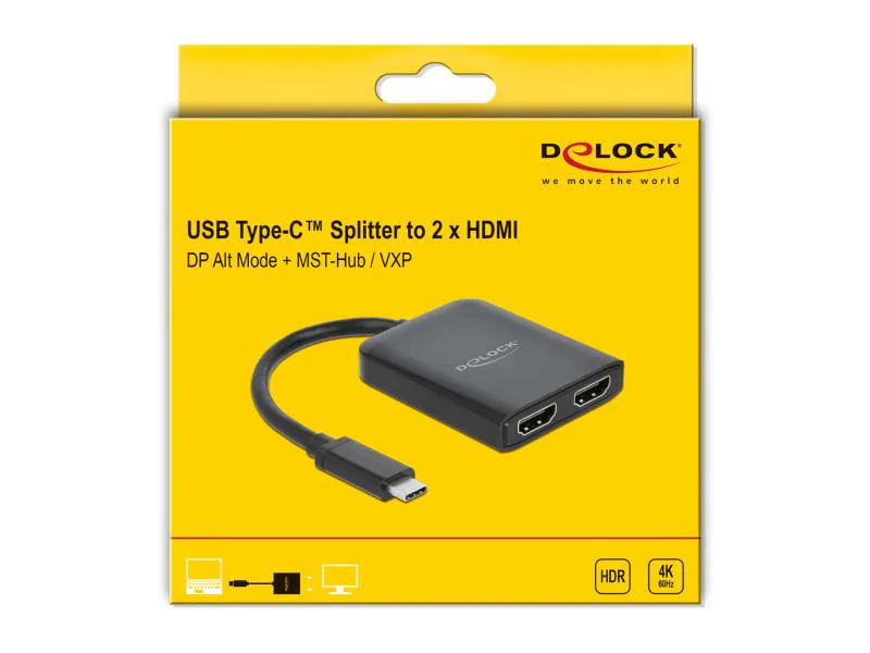 Delock 2-Port Signalsplitter USB-C - HDMI, MST/VXP support, Anzahl Ports: 2, Schnittstellen: HDMI, USB Typ C, Signalverstärkung: Aktiv