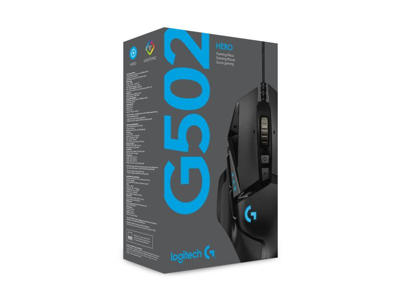 Logitech Gaming-Maus G502 HERO, Maus-Typ: Gaming, Bedienungsseite: Rechtshänder, Maus Features: Daumentaste; Scrollrad; Beleuchtung; Herausnehmbare Gewichte; Umschaltbare DPI-Auflösung, Farbe: Schwarz, Verbindungsart: Verkabelt, Schnittstelle: USB