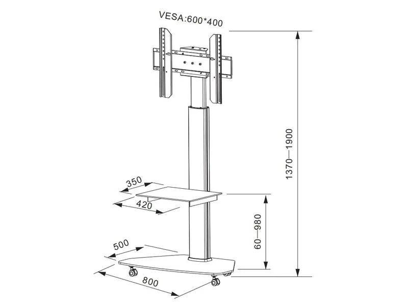 Audioraq TV-Trolley -70", VESA 200x200-600x400 Schwarz, Eigenschaften: Drehbar, Höhenverstellbar, Fahrbar, Höhenverstellbar: Ja, Bildschirmdiagonale: 70 ", Farbe: Schwarz, Maximale Tragkraft: 40 kg